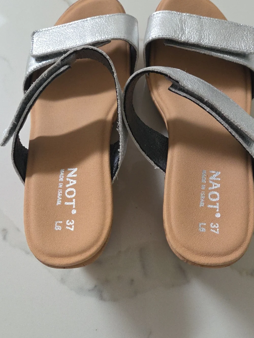 NAOT Leather Silver Cork Wedge Sandals with Double Straps, Size 6 Worn Once!